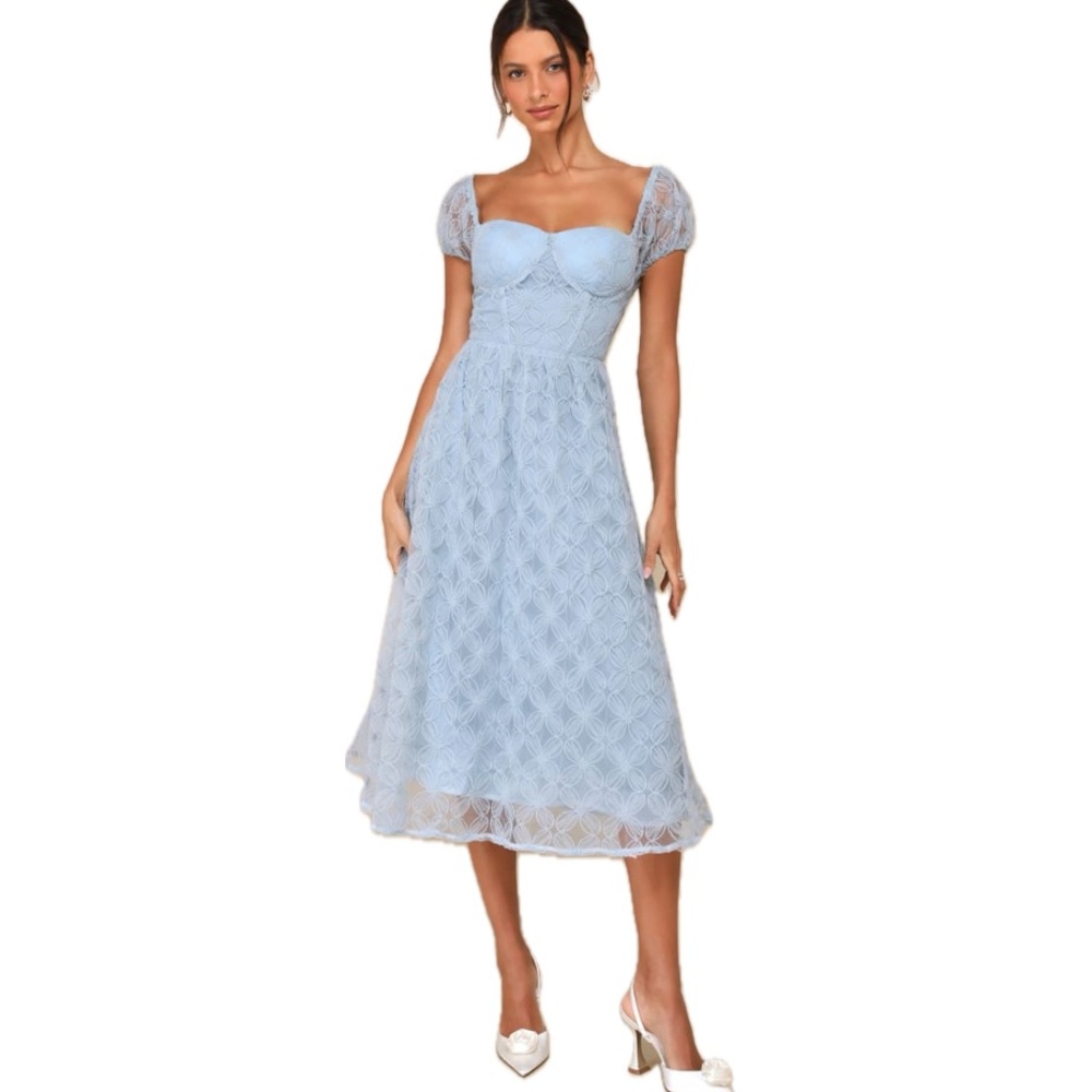 Lulus Dusty Blue Floral Lace Puff Sleeve Midi Dress – NWT – Size Medium